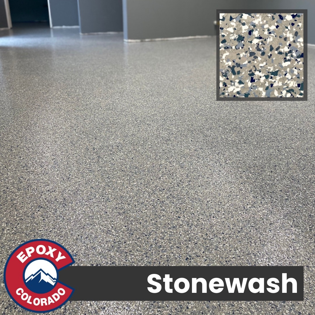 Stonewash. Grey White Blue vinyl flake flooring