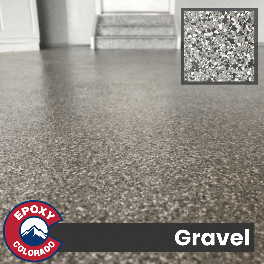 Gravel. Grey and White vinyl flake flooring