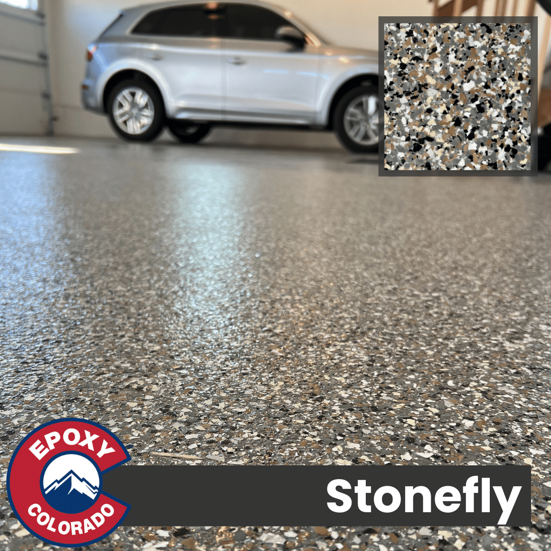Stonefly. White Black Tan and Grey Vinyl Flaker Flooring