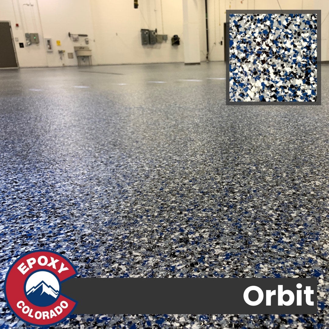 Orbit. Blue White Black Vinyl Flake Flooring