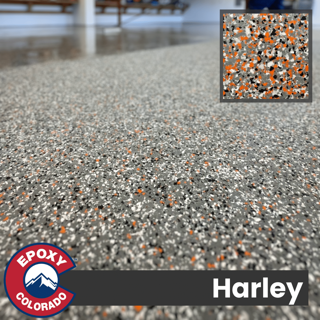 Harley. Orange White and Black Vinyl Flake Flooring